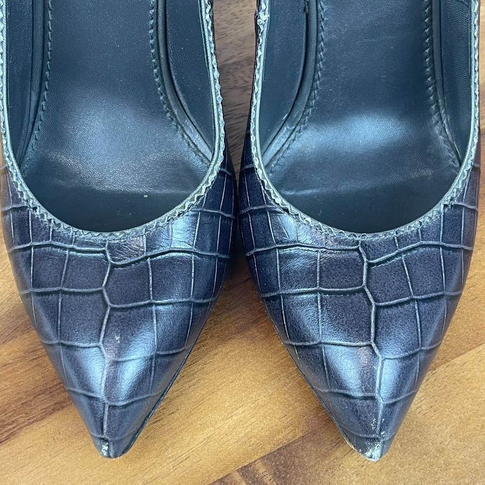 Womens YSL Saint Laurent Dark Gray Croc Print Leather Block Heels Size 36 US 6 - Picture 7 of 16